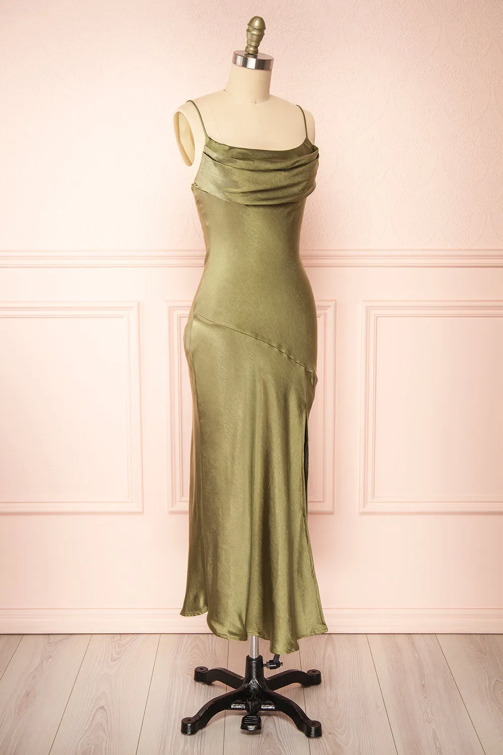 Meari Khaki | Cowl Neck Satin Midi Dress