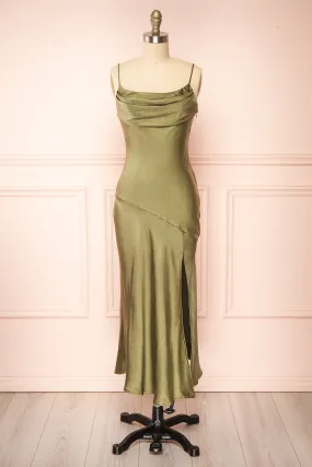 Meari Khaki | Cowl Neck Satin Midi Dress