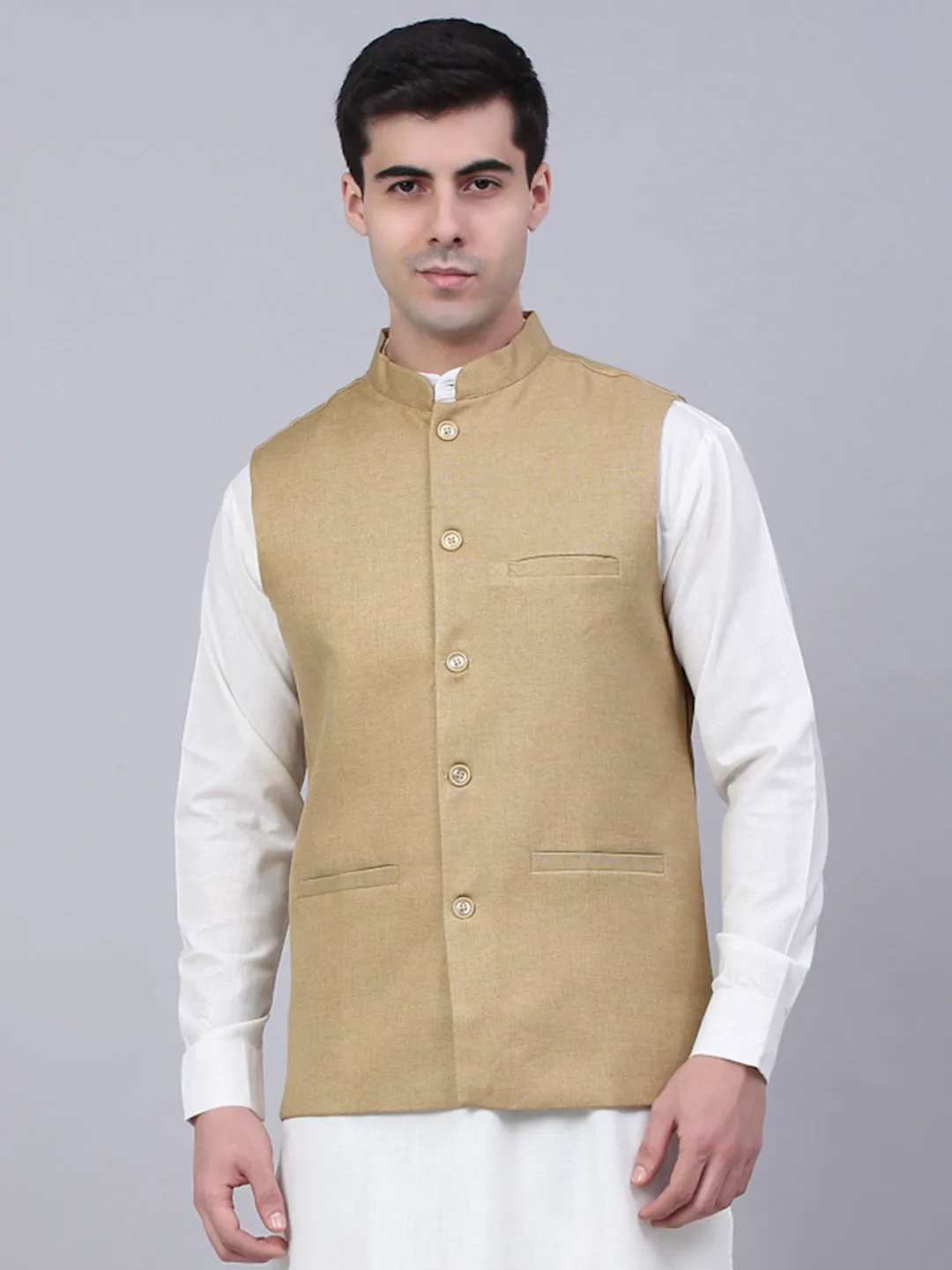 Men Beige Solid Woven Sleeveless Nehru Jackets