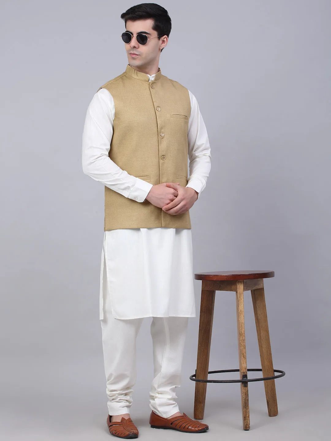 Men Beige Solid Woven Sleeveless Nehru Jackets