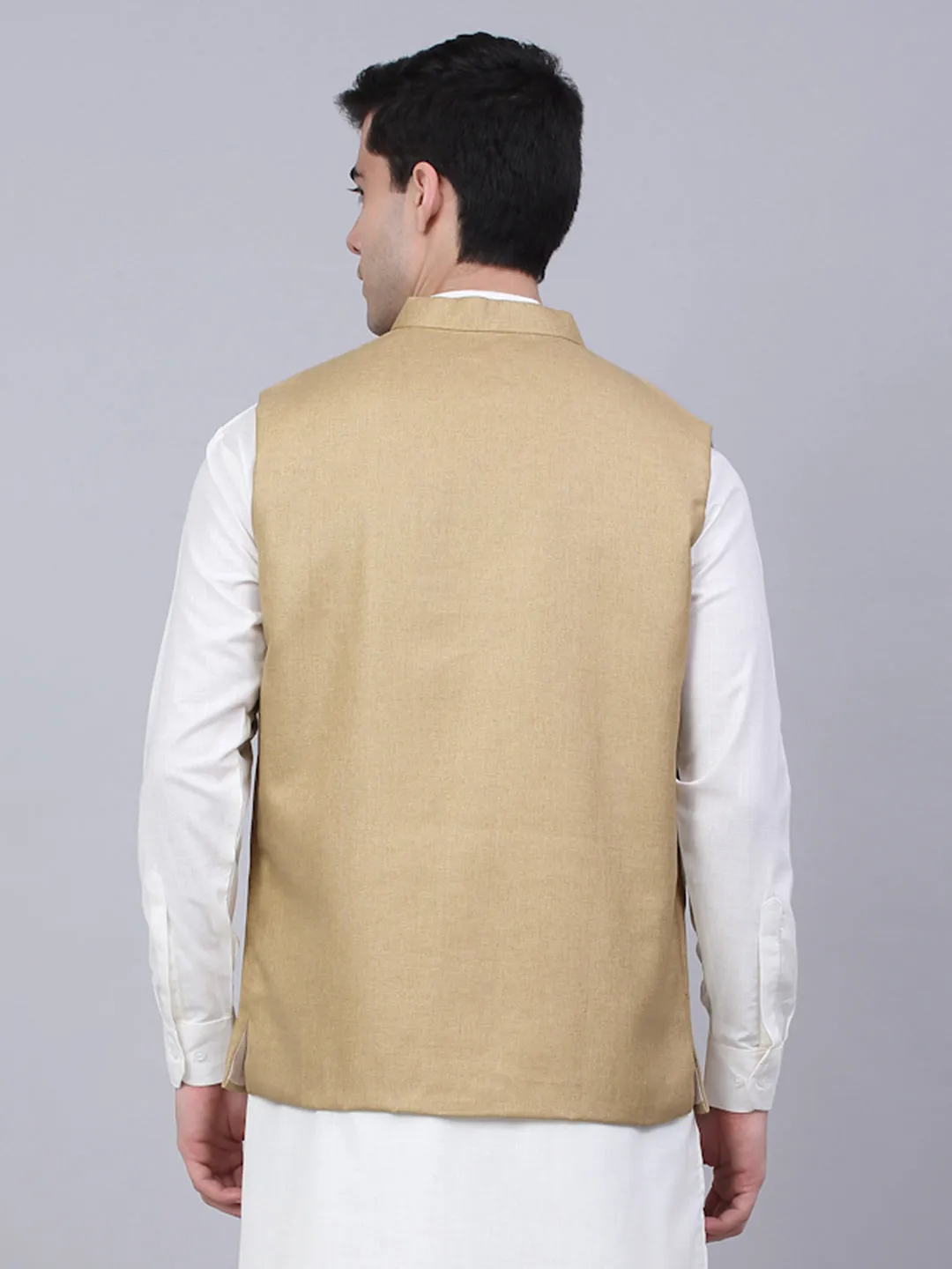 Men Beige Solid Woven Sleeveless Nehru Jackets