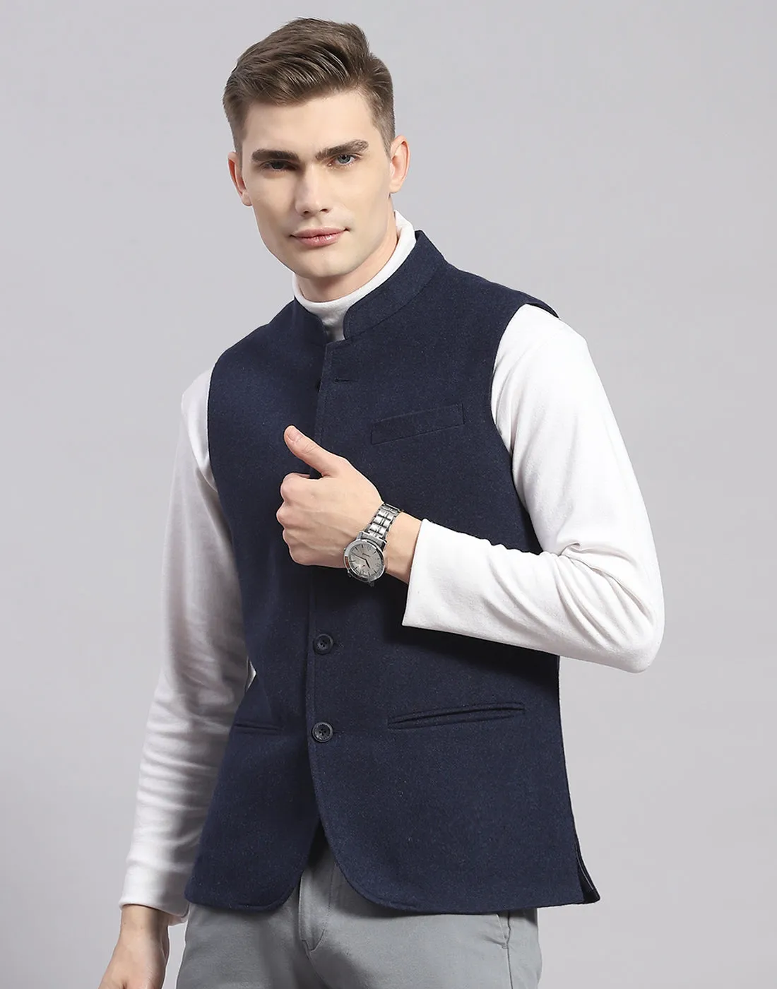 Men Blue Solid Mandarin Collar Sleeveless Nehru Jacket