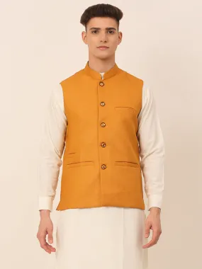 Men Mustard Solid Woven Sleeveless Nehru Jackets