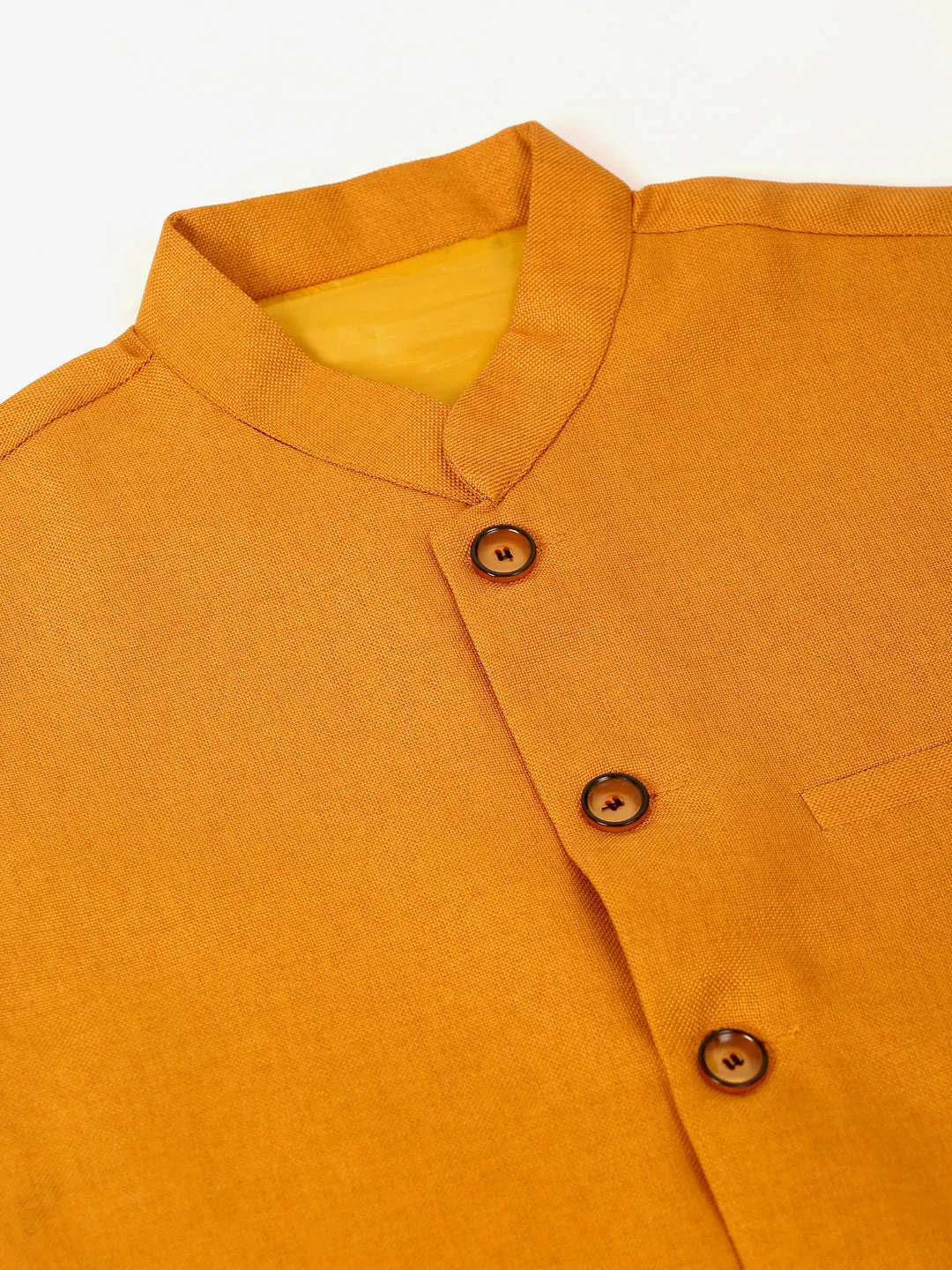 Men Mustard Solid Woven Sleeveless Nehru Jackets