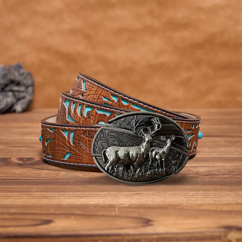 Men's DIY Deer Flag Hidden Folding Knife Leather Belt