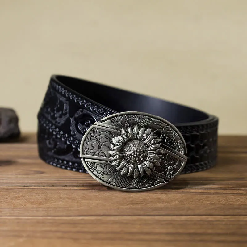 Men's DIY Sunflower Hidden Folding Knife Leather Belt