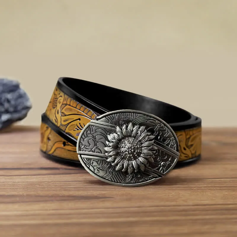 Men's DIY Sunflower Hidden Folding Knife Leather Belt