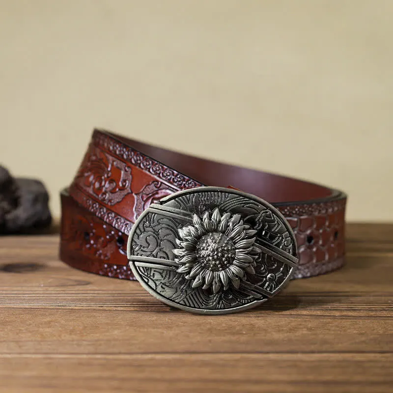 Men's DIY Sunflower Hidden Folding Knife Leather Belt