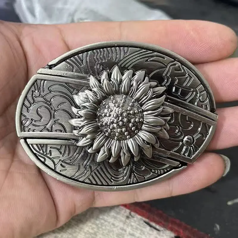 Men's DIY Sunflower Hidden Folding Knife Leather Belt