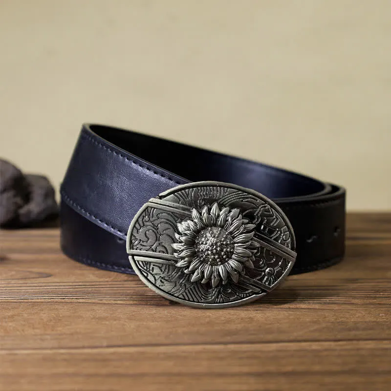 Men's DIY Sunflower Hidden Folding Knife Leather Belt