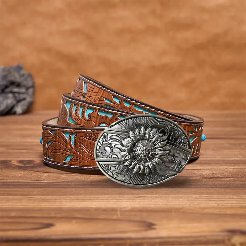 Men's DIY Sunflower Hidden Folding Knife Leather Belt