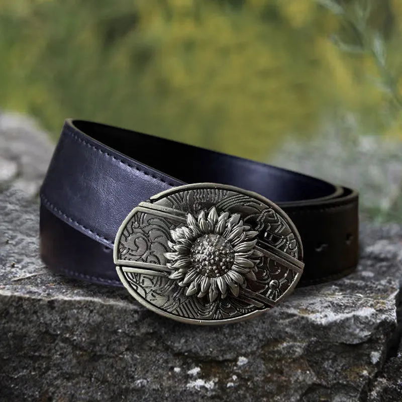 Men's DIY Sunflower Hidden Folding Knife Leather Belt