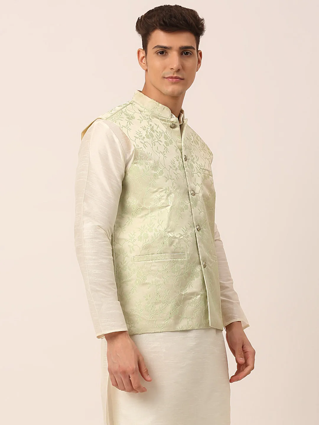 Men's Pista Green Floral Design Nehru Jacket.