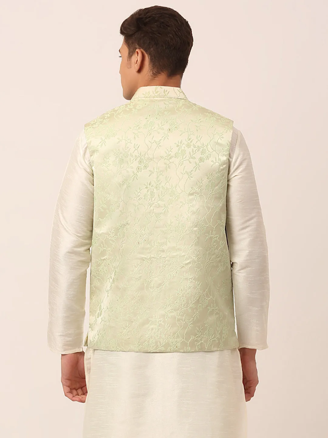 Men's Pista Green Floral Design Nehru Jacket.