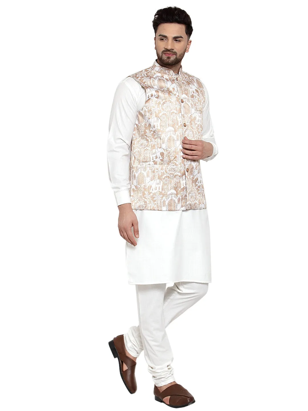 Men's Solid Cotton Kurta Pajama with Printed Waistcoat ( JOKP WC 4062 Beige-W ) - Virat Fashions