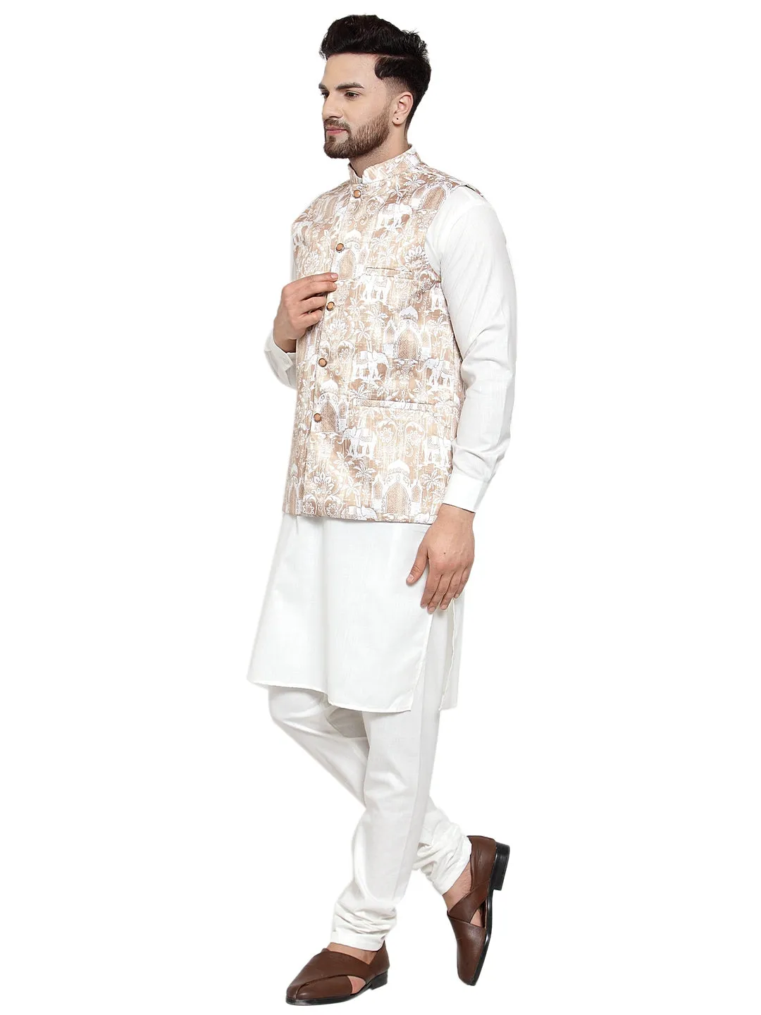 Men's Solid Cotton Kurta Pajama with Printed Waistcoat ( JOKP WC 4062 Beige-W ) - Virat Fashions