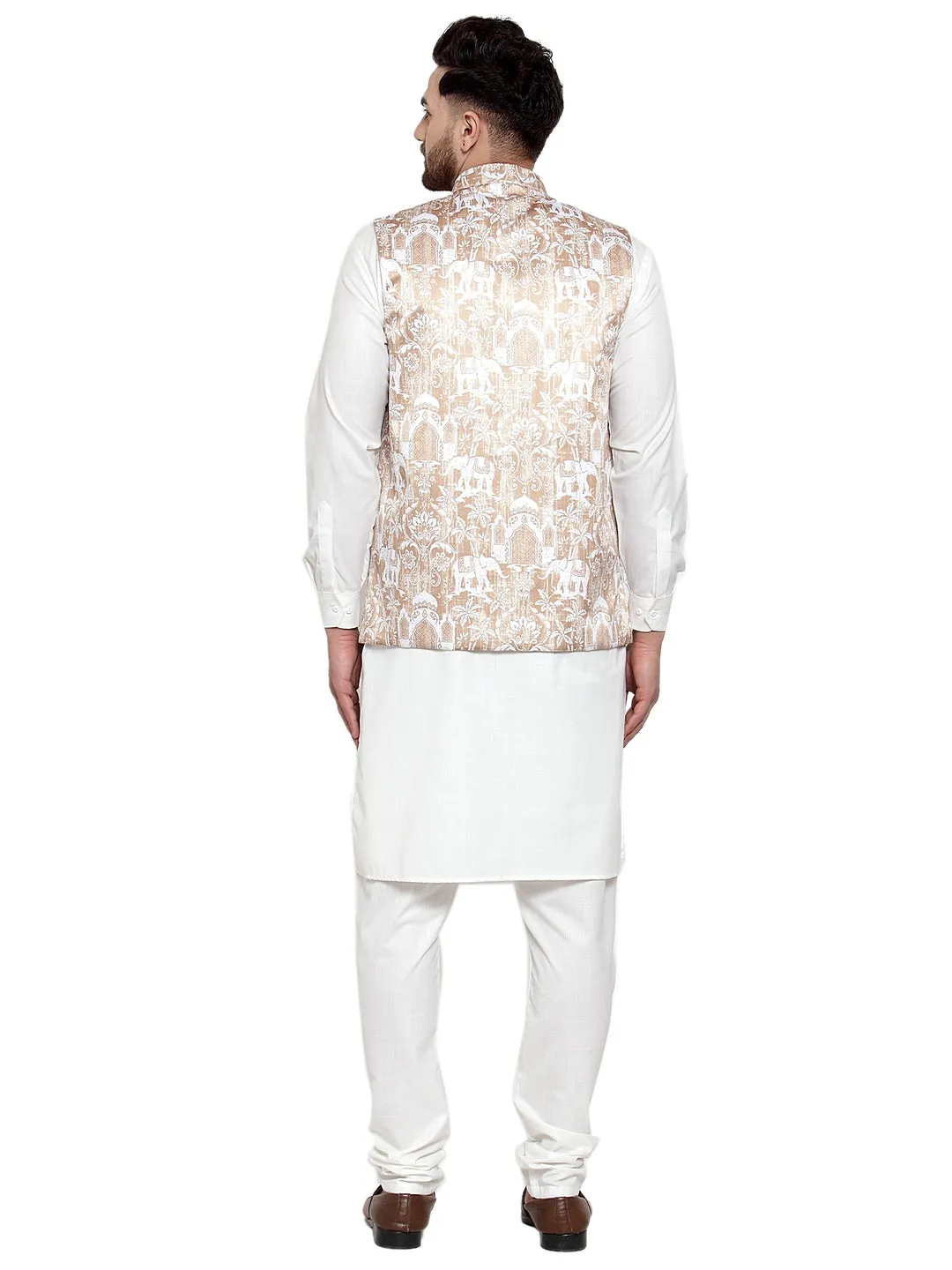 Men's Solid Cotton Kurta Pajama with Printed Waistcoat ( JOKP WC 4062 Beige-W ) - Virat Fashions