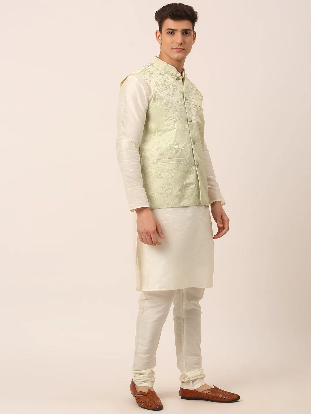 Men's Solid Kurta Pyjama With Pista Green Floral Embroidered Nehru Jacket