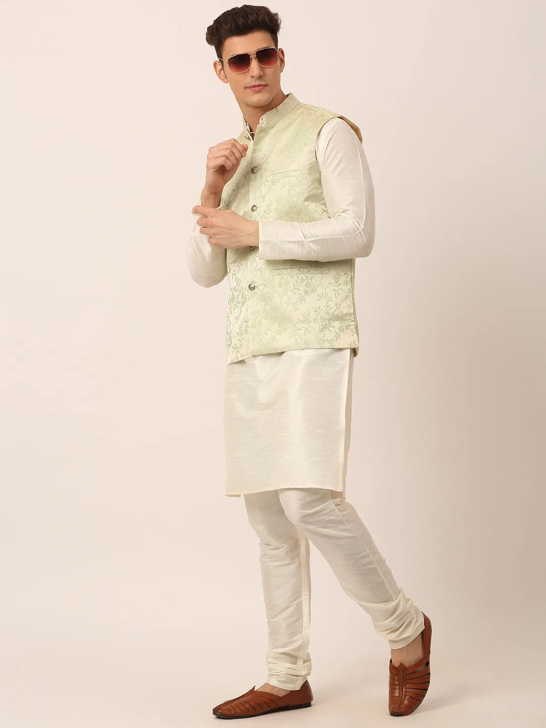 Men's Solid Kurta Pyjama With Pista Green Floral Embroidered Nehru Jacket