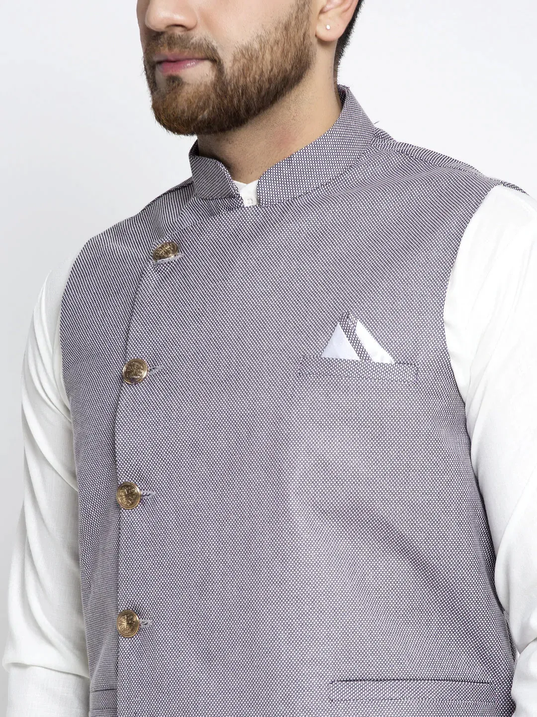 Men'S Solid White Cotton Kurta Payjama With Geometric Waistcoat