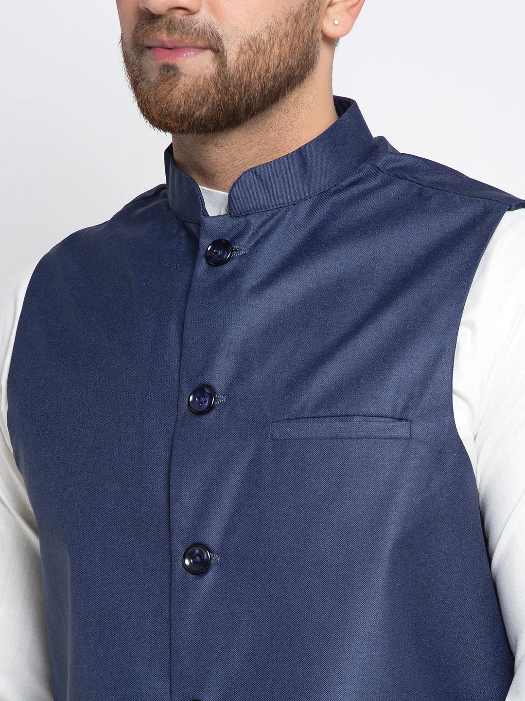 Men's Solid White Cotton Kurta Payjama with Solid Navy Waistcoat ( JOKPWC OW-F 4021 Navy ) - Virat Fashions