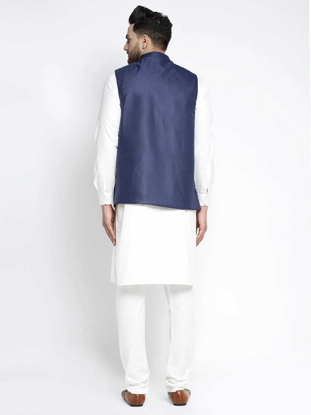 Men's Solid White Cotton Kurta Payjama with Solid Navy Waistcoat ( JOKPWC OW-F 4021 Navy ) - Virat Fashions