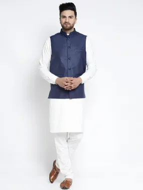 Men's Solid White Cotton Kurta Payjama with Solid Navy Waistcoat ( JOKPWC OW-F 4021 Navy ) - Virat Fashions