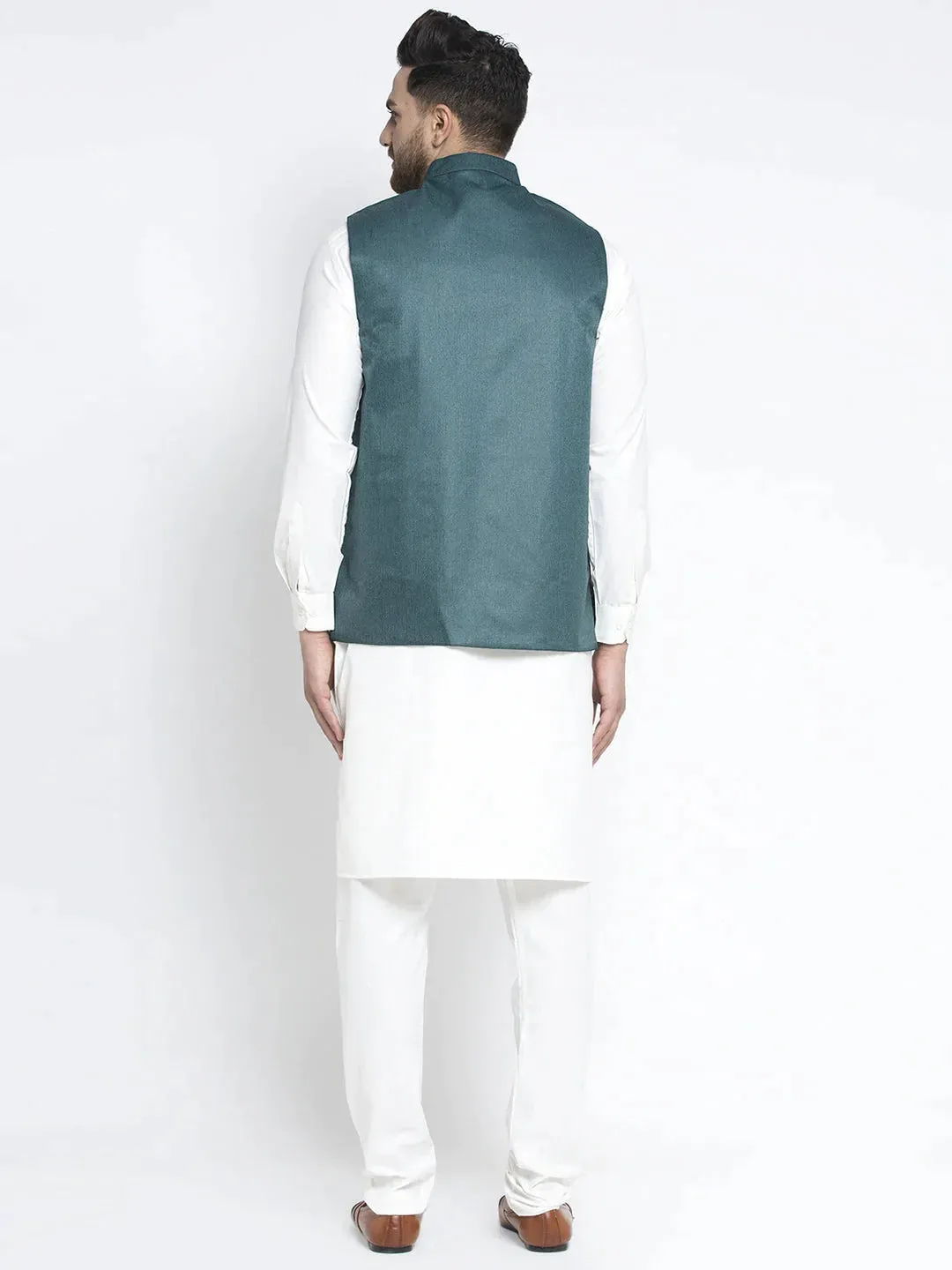 Men'S Solid White Cotton Kurta Payjama With Solid Teal Waistcoat