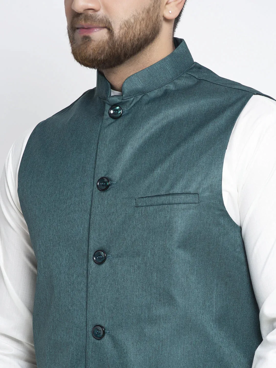 Men'S Solid White Cotton Kurta Payjama With Solid Teal Waistcoat