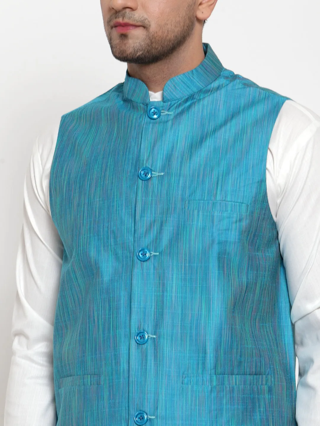 Men's White Solid Kurta with Pyjamas & Blue Nehru Jacket ( JOKP WC 4064 Blue-W ) - Virat Fashions