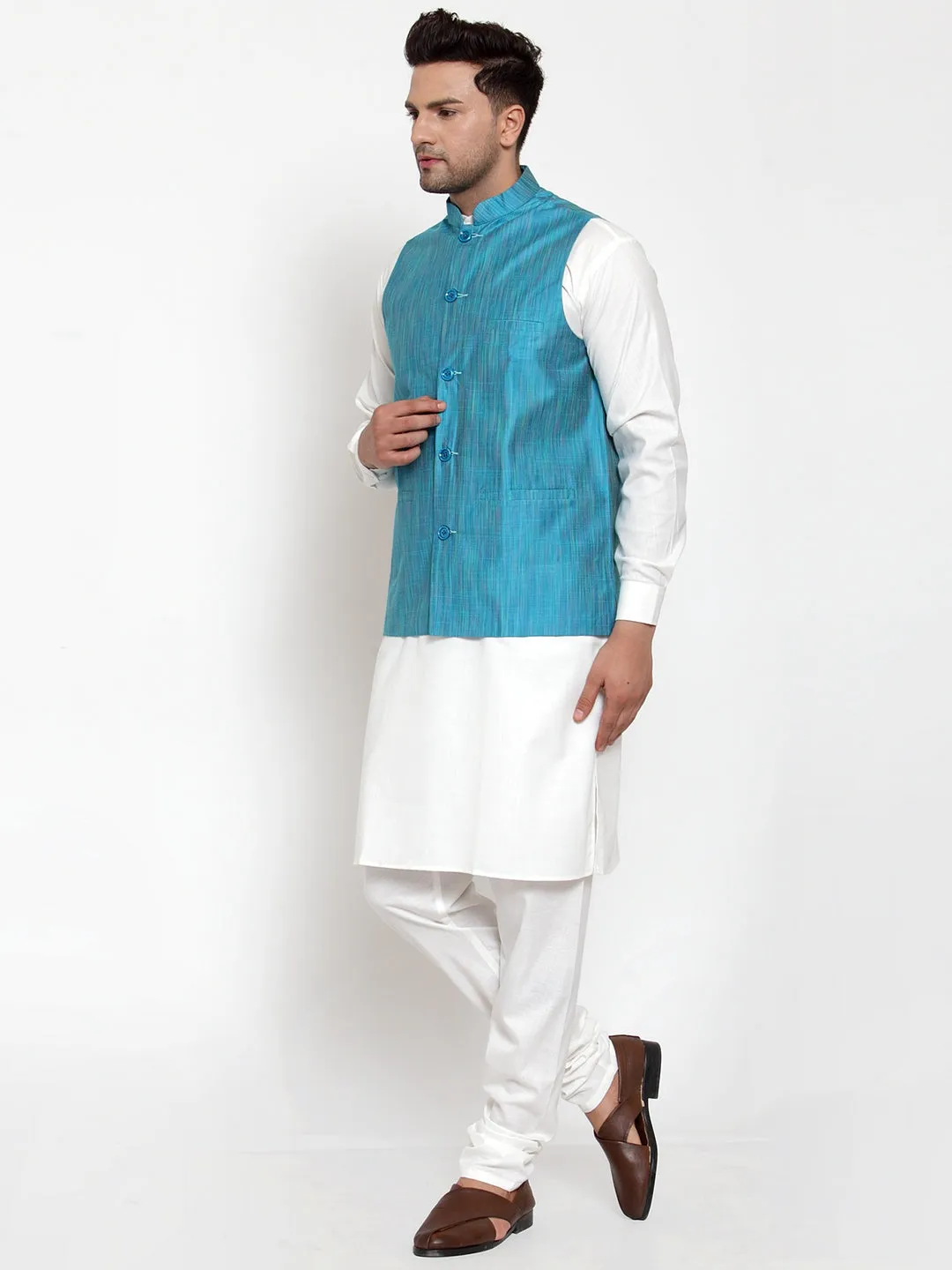 Men's White Solid Kurta with Pyjamas & Blue Nehru Jacket ( JOKP WC 4064 Blue-W ) - Virat Fashions