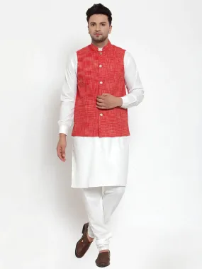 Men'S White Solid Kurta With Pyjamas & Red Nehru Jacket