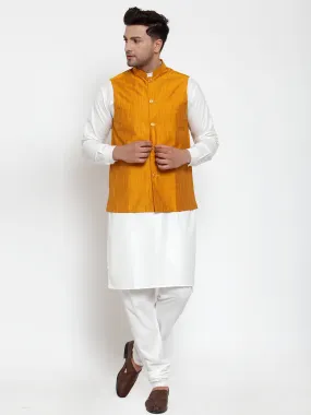 Men's White Solid Kurta with Pyjamas & Yellow Nehru Jacket ( JOKP WC 4064 Yellow-W ) - Virat Fashions