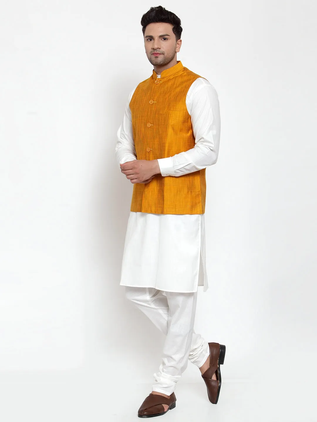 Men's White Solid Kurta with Pyjamas & Yellow Nehru Jacket ( JOKP WC 4064 Yellow-W ) - Virat Fashions