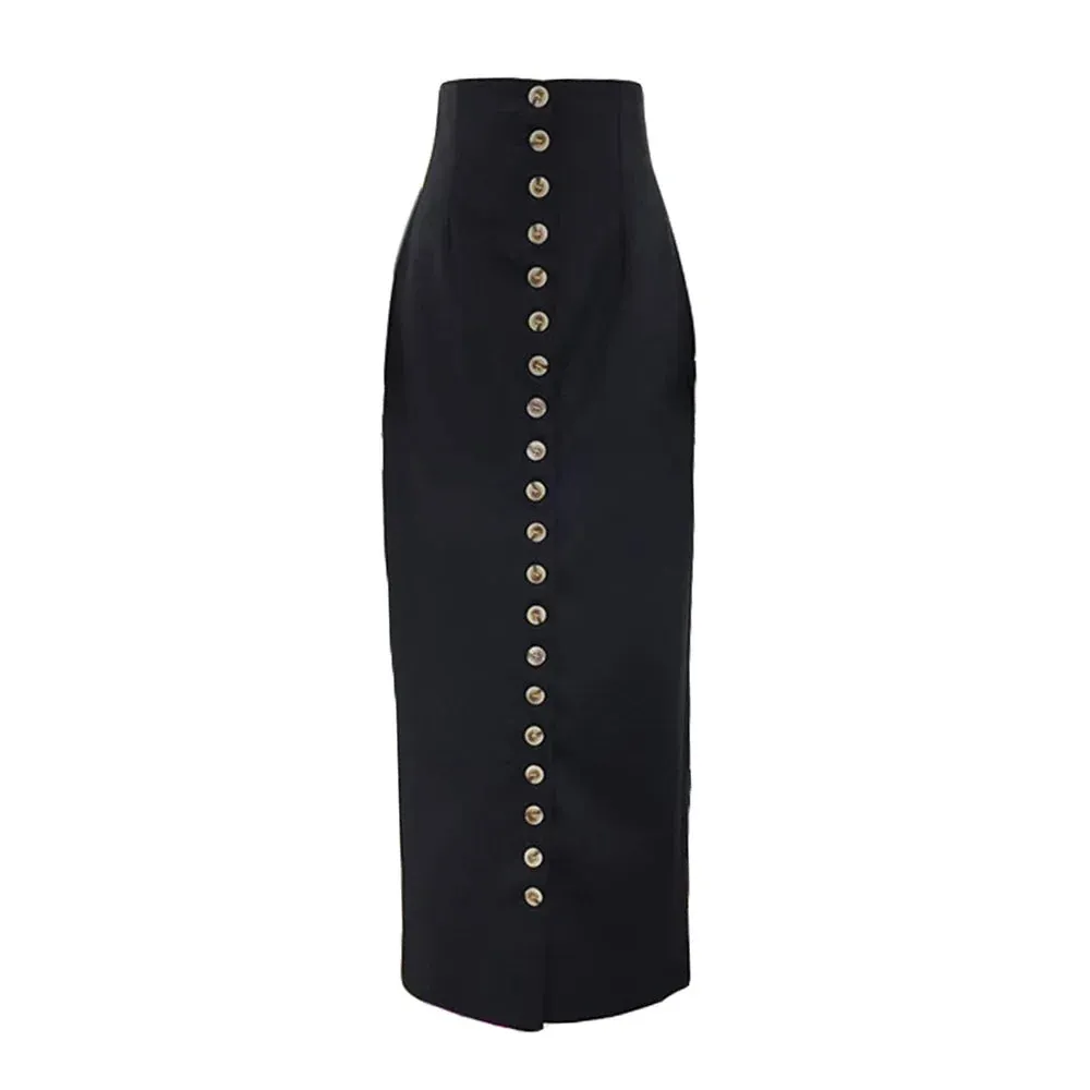 Metaversmall Solid Patchwork Single Breasted Long Skirts For Women High Waist Temperament Slimming Bodycon Skirt Female Fashion Style New