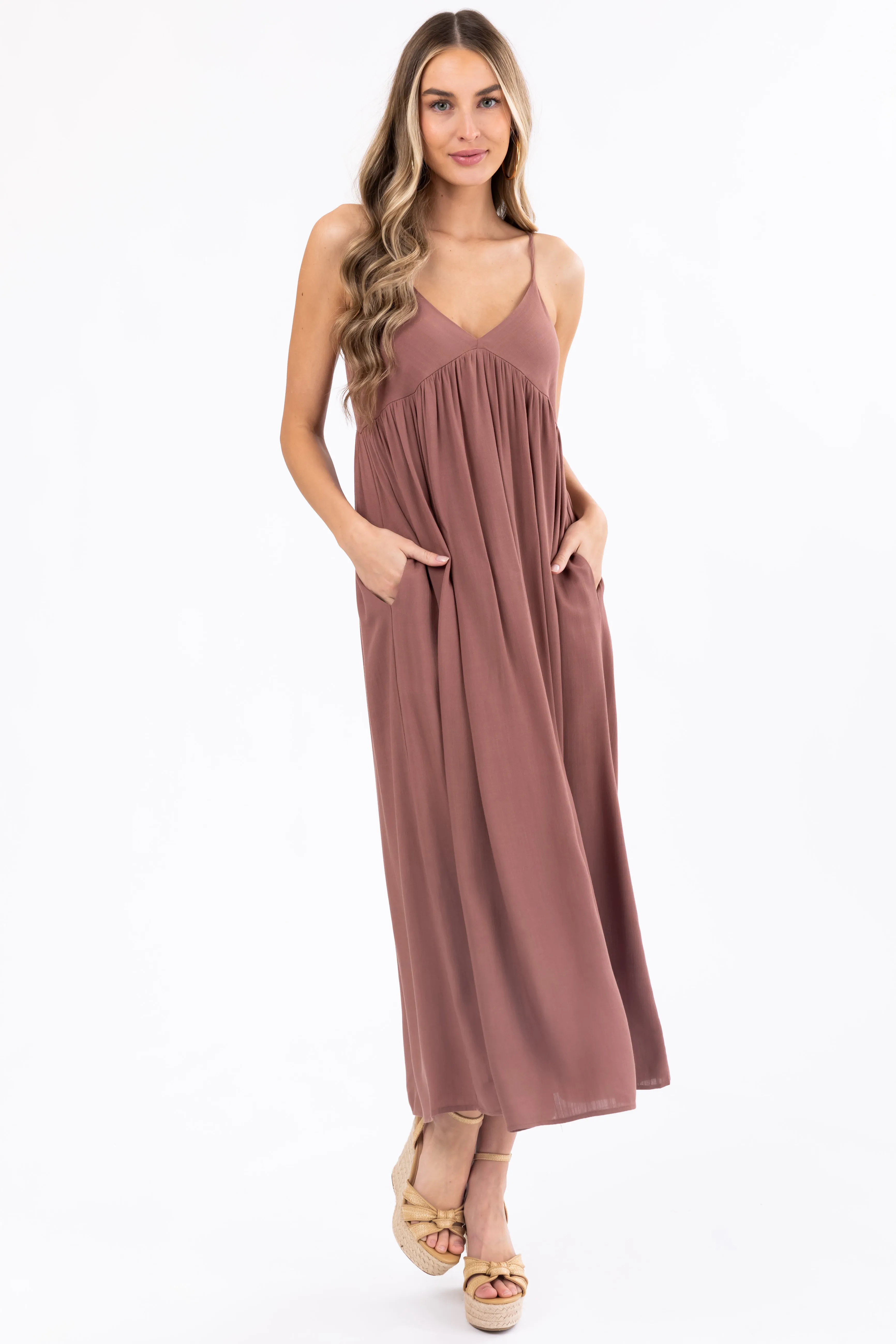 Mocha Woven Strapless Flowy Midi Dress