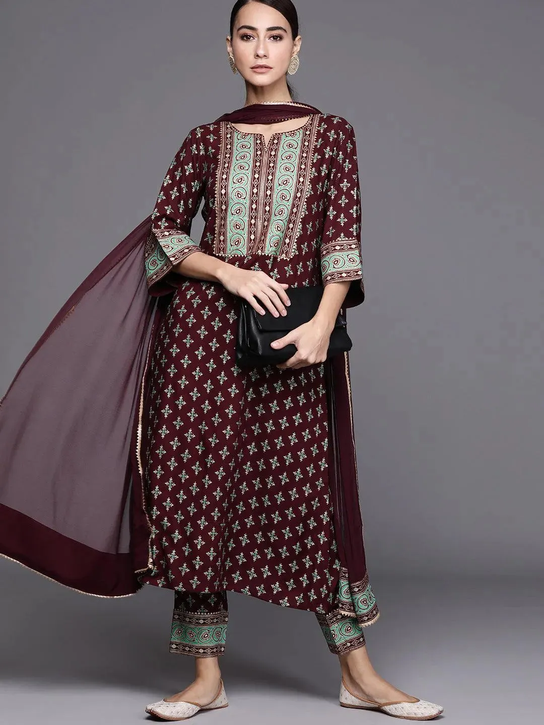 Multicoloured Printed Rayon Straight Kurta With Dupatta