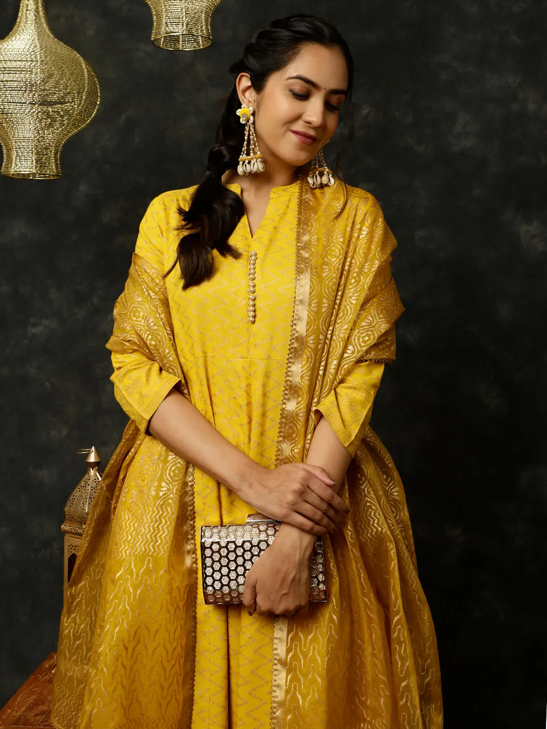 Mustard Zigzag Printed Anarkali Kurta With Pants And Dupatta