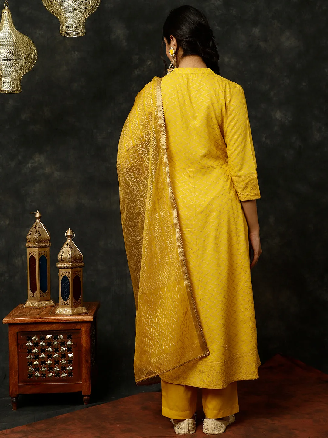 Mustard Zigzag Printed Anarkali Kurta With Pants And Dupatta