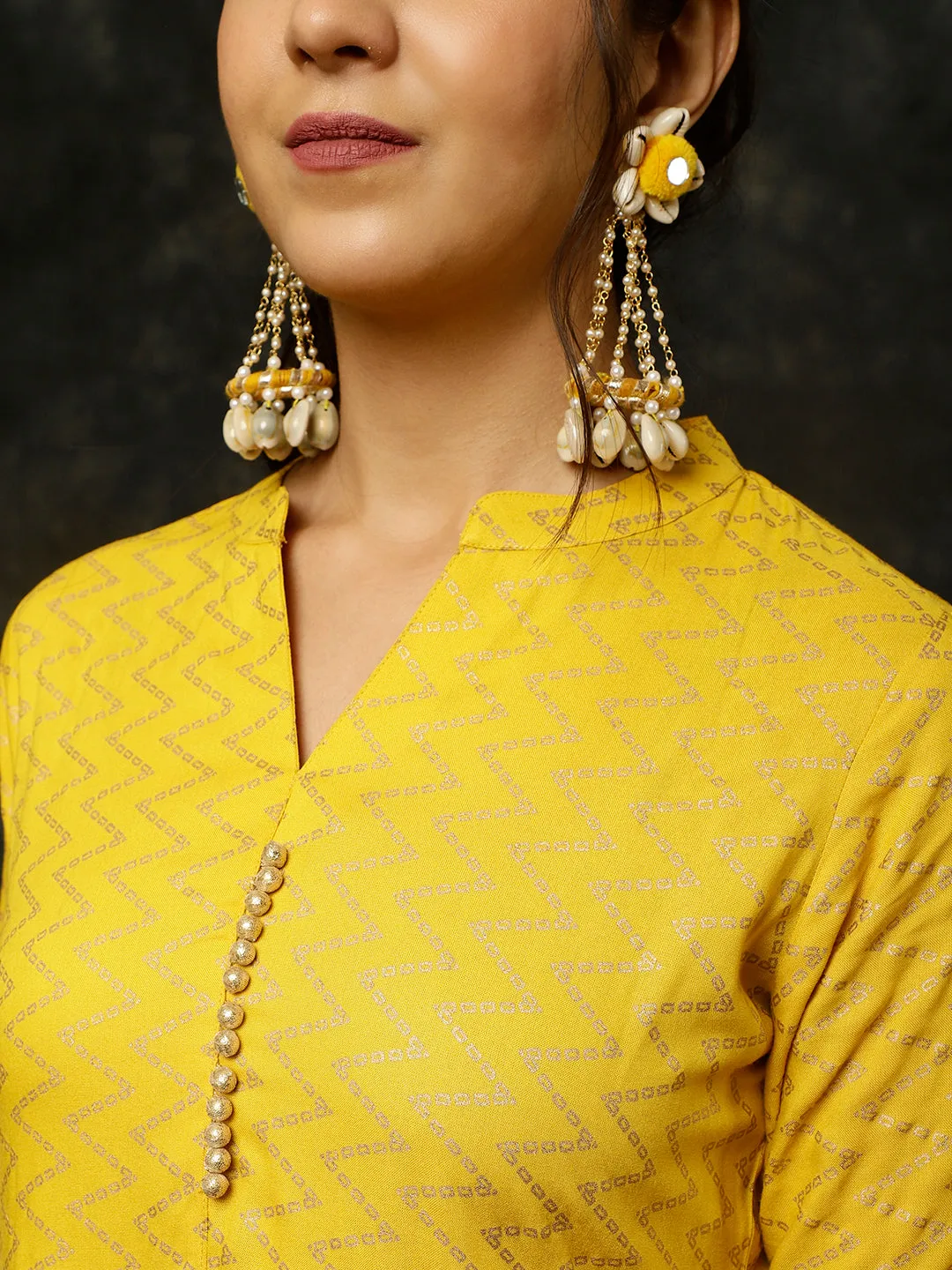 Mustard Zigzag Printed Anarkali Kurta With Pants And Dupatta