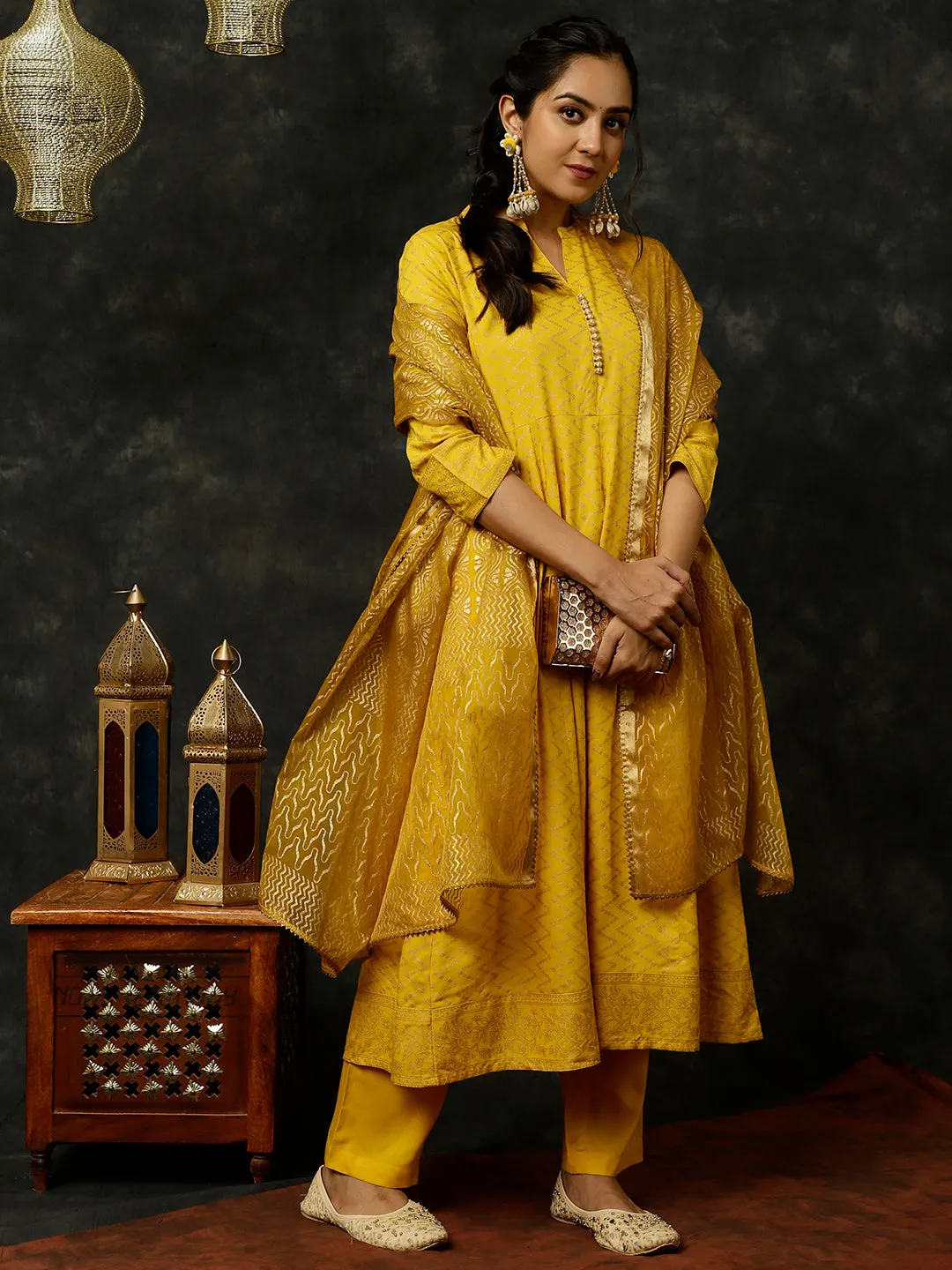 Mustard Zigzag Printed Anarkali Kurta With Pants And Dupatta