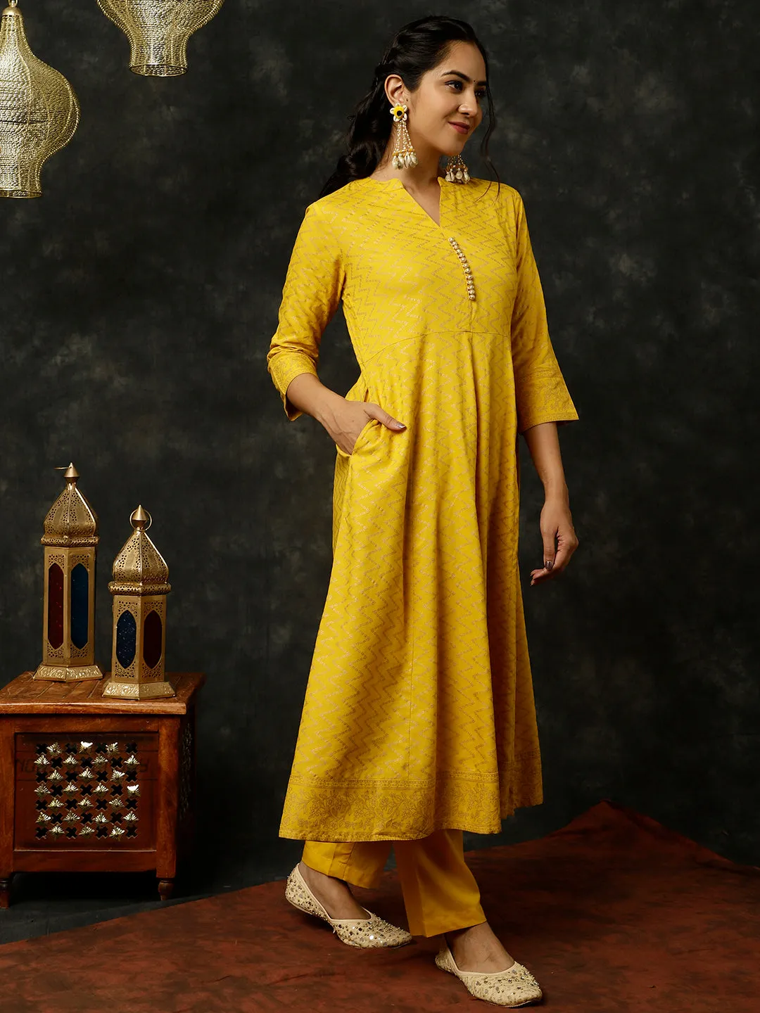 Mustard Zigzag Printed Anarkali Kurta With Pants And Dupatta