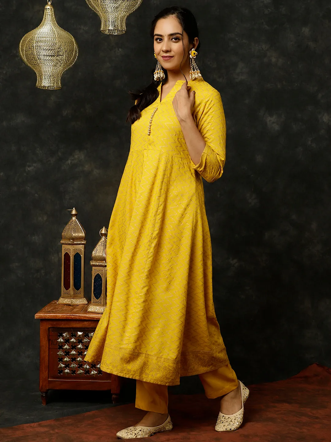 Mustard Zigzag Printed Anarkali Kurta With Pants And Dupatta