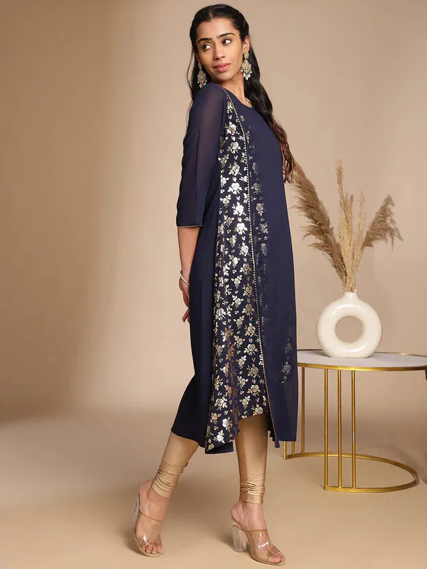 Navy Blue American Crepe Foil Print A Line Kurta