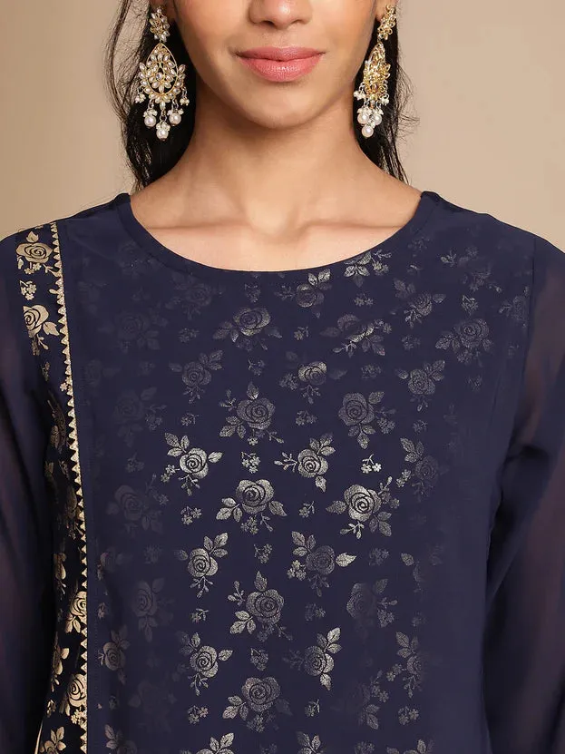 Navy Blue American Crepe Foil Print A Line Kurta