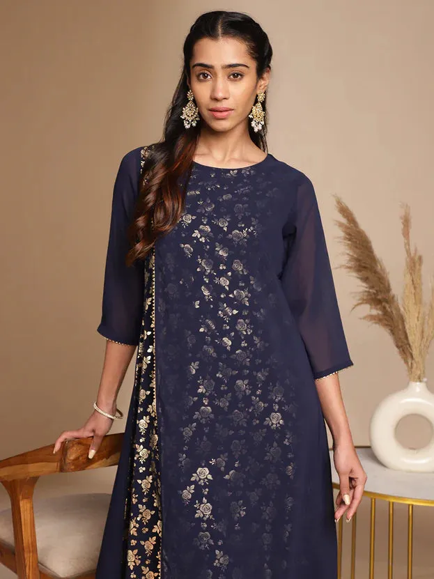 Navy Blue American Crepe Foil Print A Line Kurta