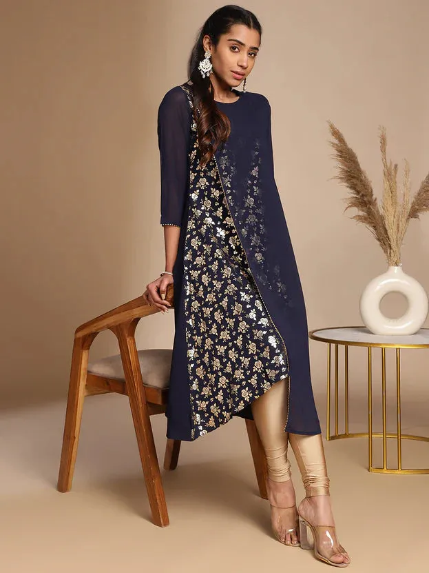 Navy Blue American Crepe Foil Print A Line Kurta