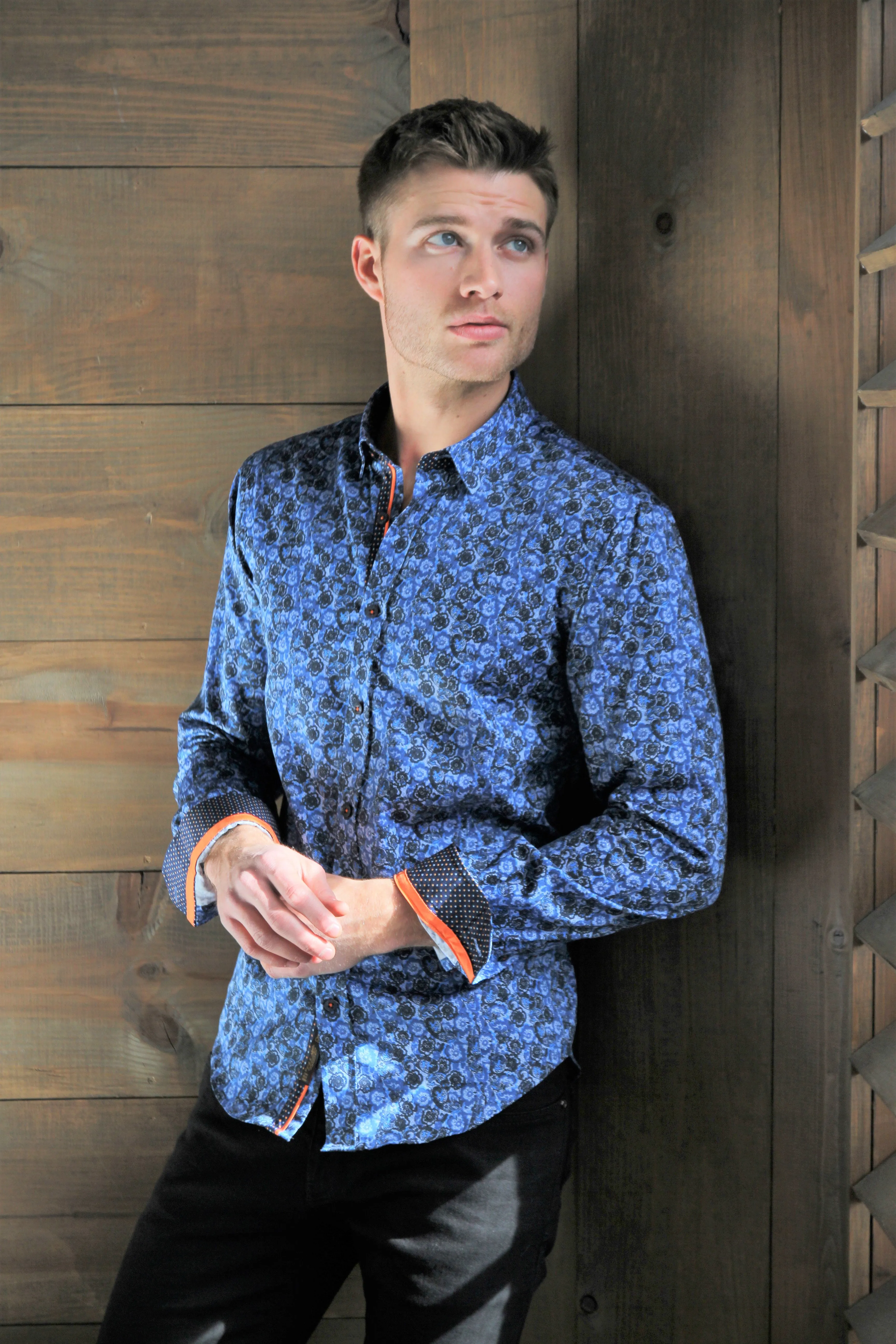 Navy Button Down Paisley Print Shirt W/ Dot Trim