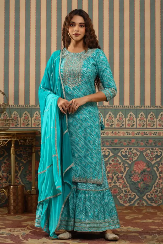 Nayab Madhuri Aqua Floral Gharara Kurta Set With Dupatta