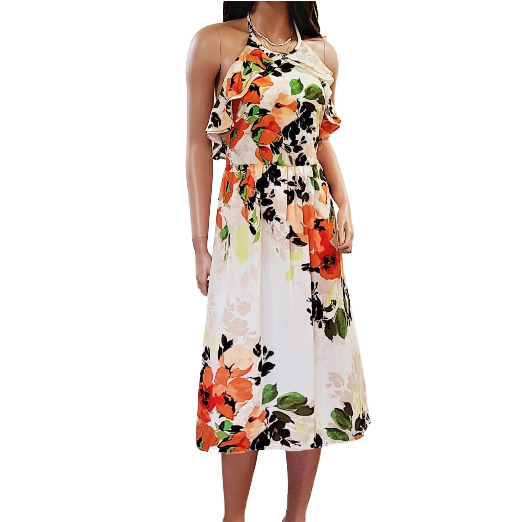 Nicole Miller Floral Print Halter Neck Fit & Flare Midi Dress